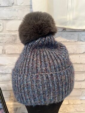 Anthropologie Textured Multicolor Knit Beanie with Dark Gray Pom